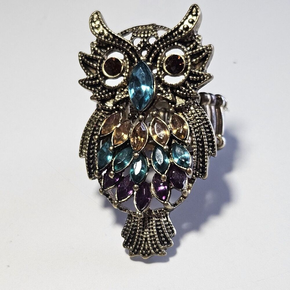 Adjustable Stretch Expandable Gold Tone Metal Owl Rhinestone Ring Multi Color